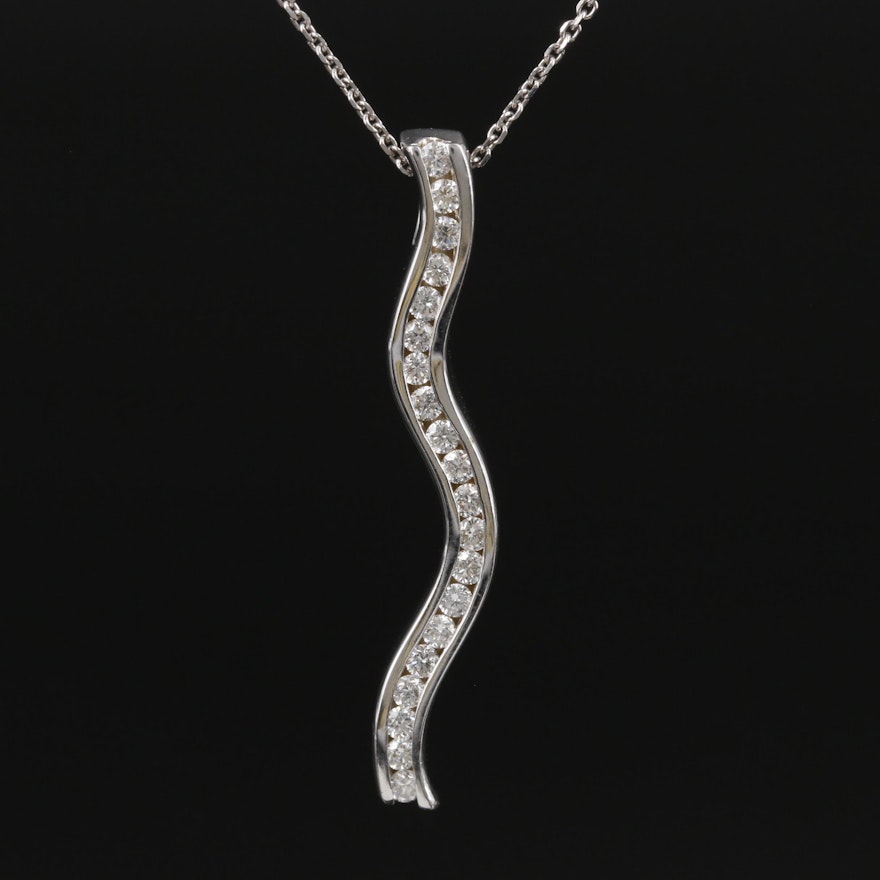 14K White Gold Diamond Bar Pendant on Cable Chain Necklace