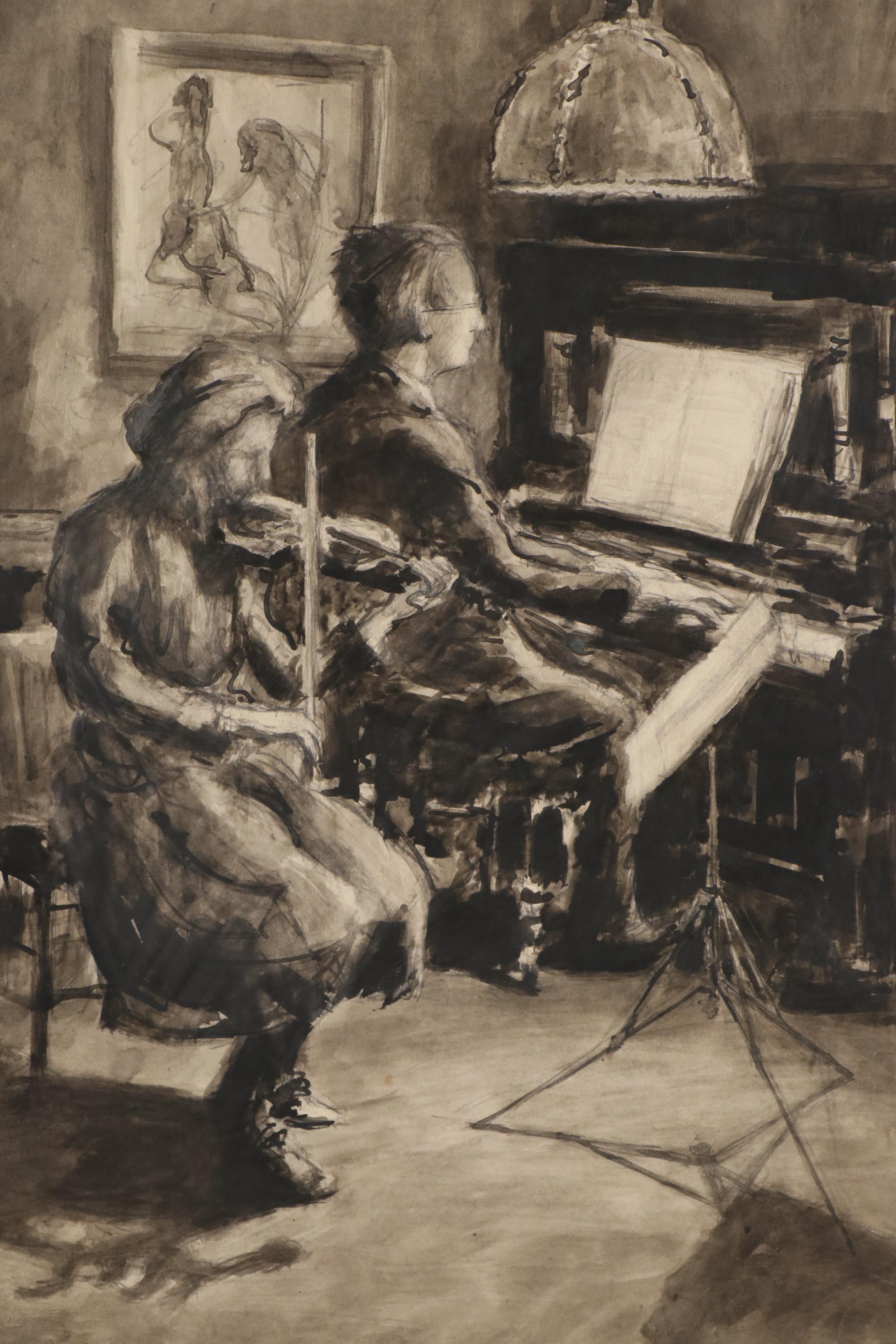 Walther Müller Charcoal and Wash Drawing of Musicians