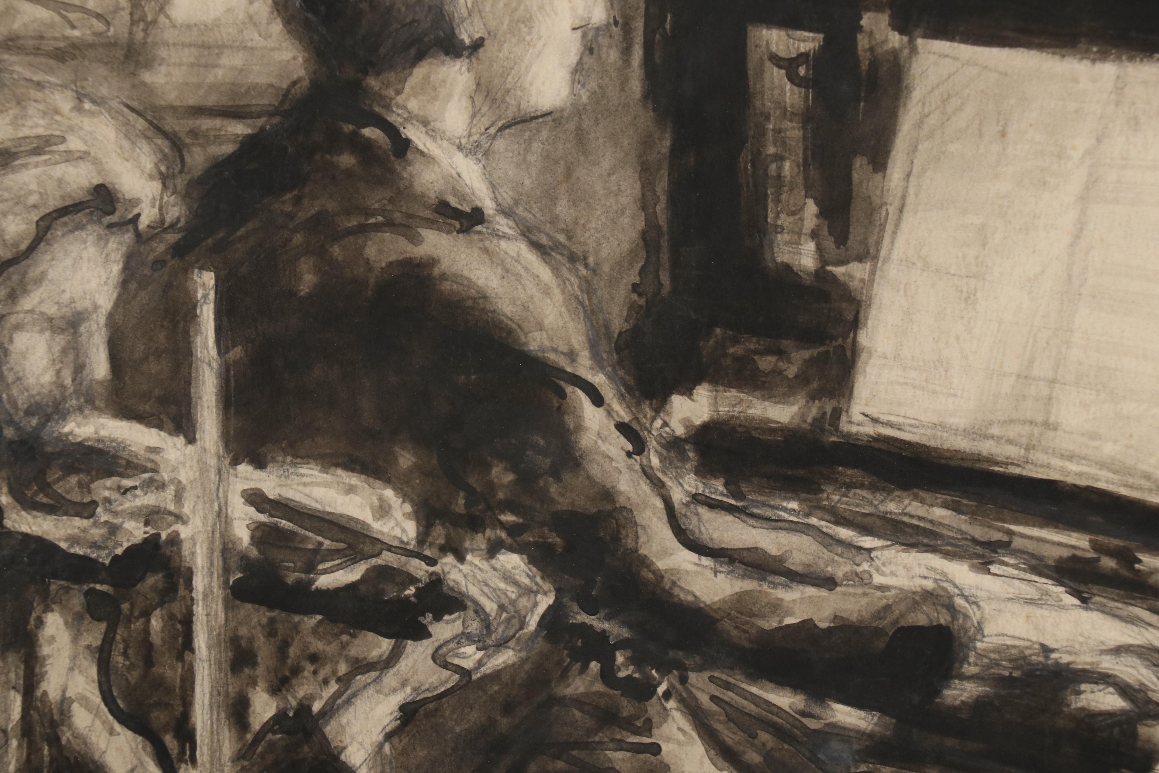 Walther Müller Charcoal and Wash Drawing of Musicians