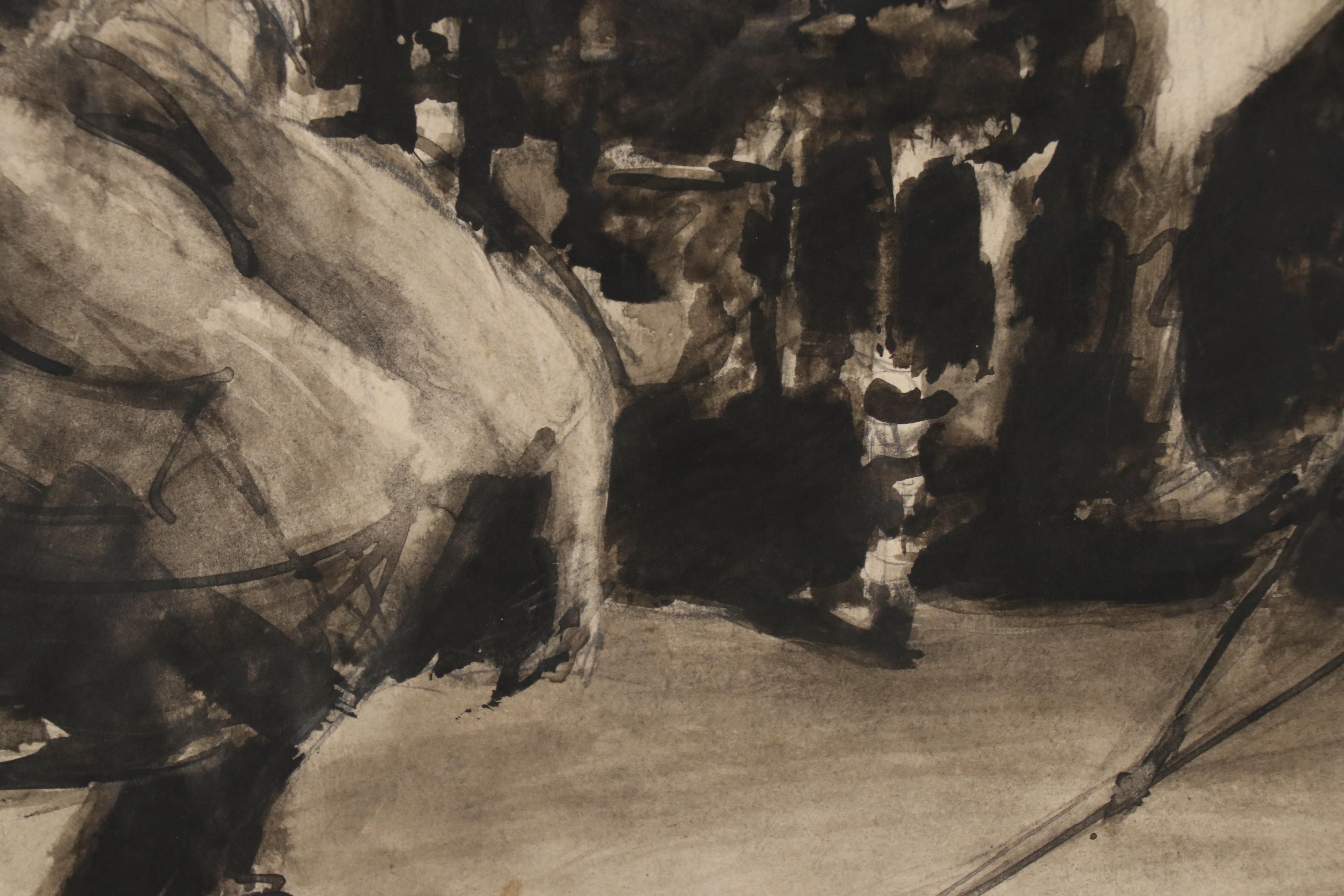 Walther Müller Charcoal and Wash Drawing of Musicians