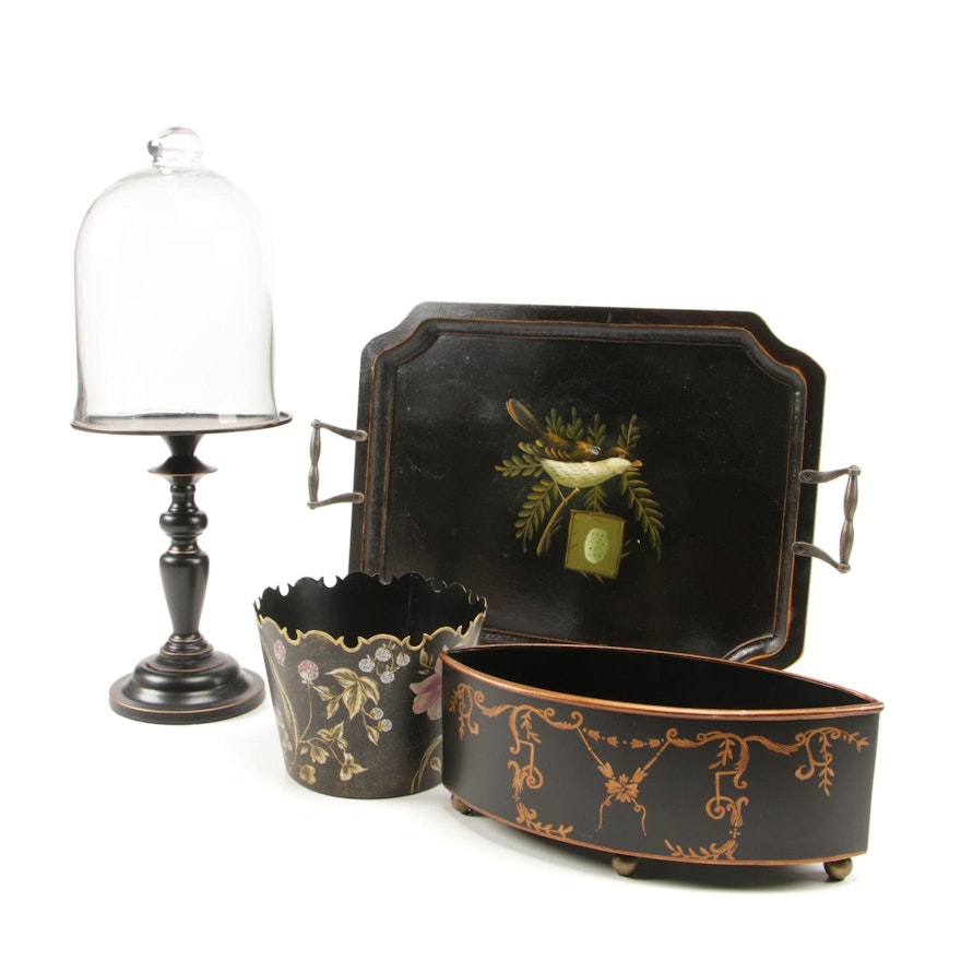 Home Décor Including Pedestal with Cloche, Sparrow Painted Tray and More