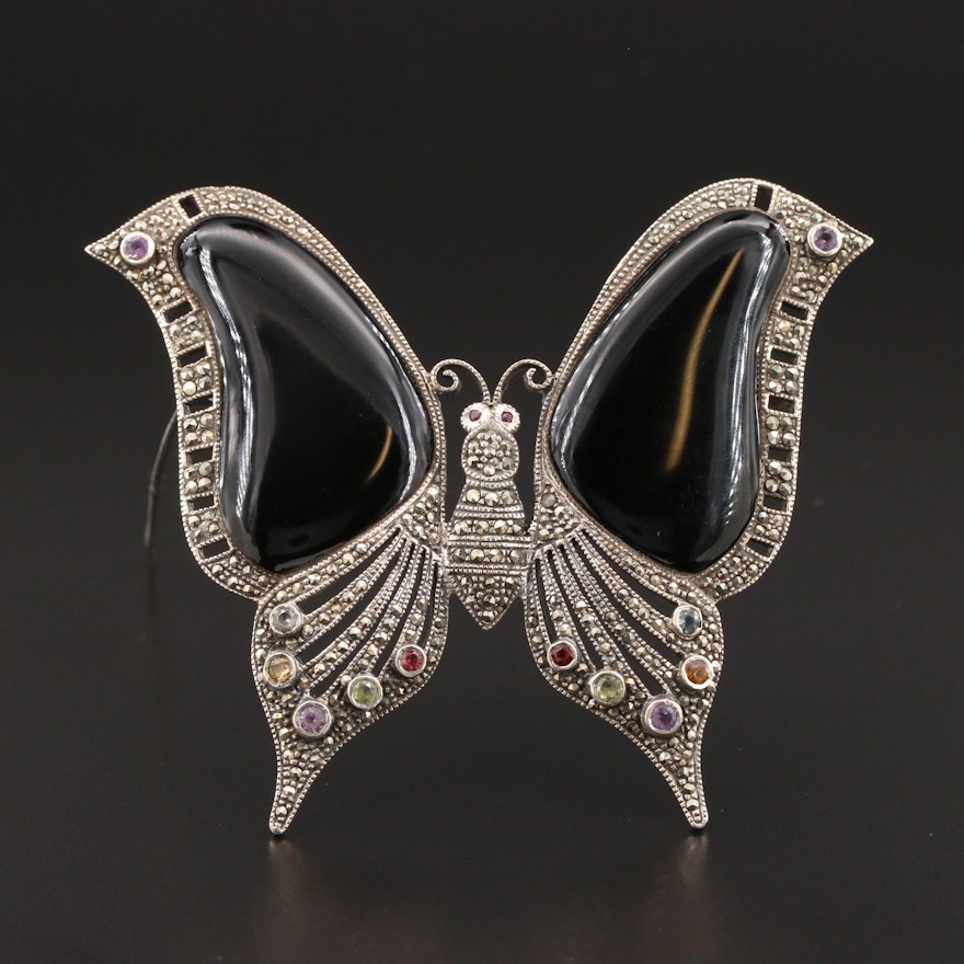 Sterling Silver Black Onyx, Amethyst, and Citrine Butterfly Brooch