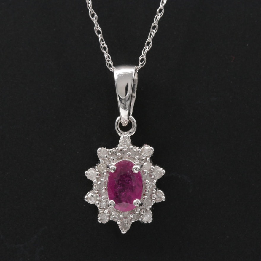 14K White Gold Ruby and Diamond Pendant on Singapore Chain Necklace