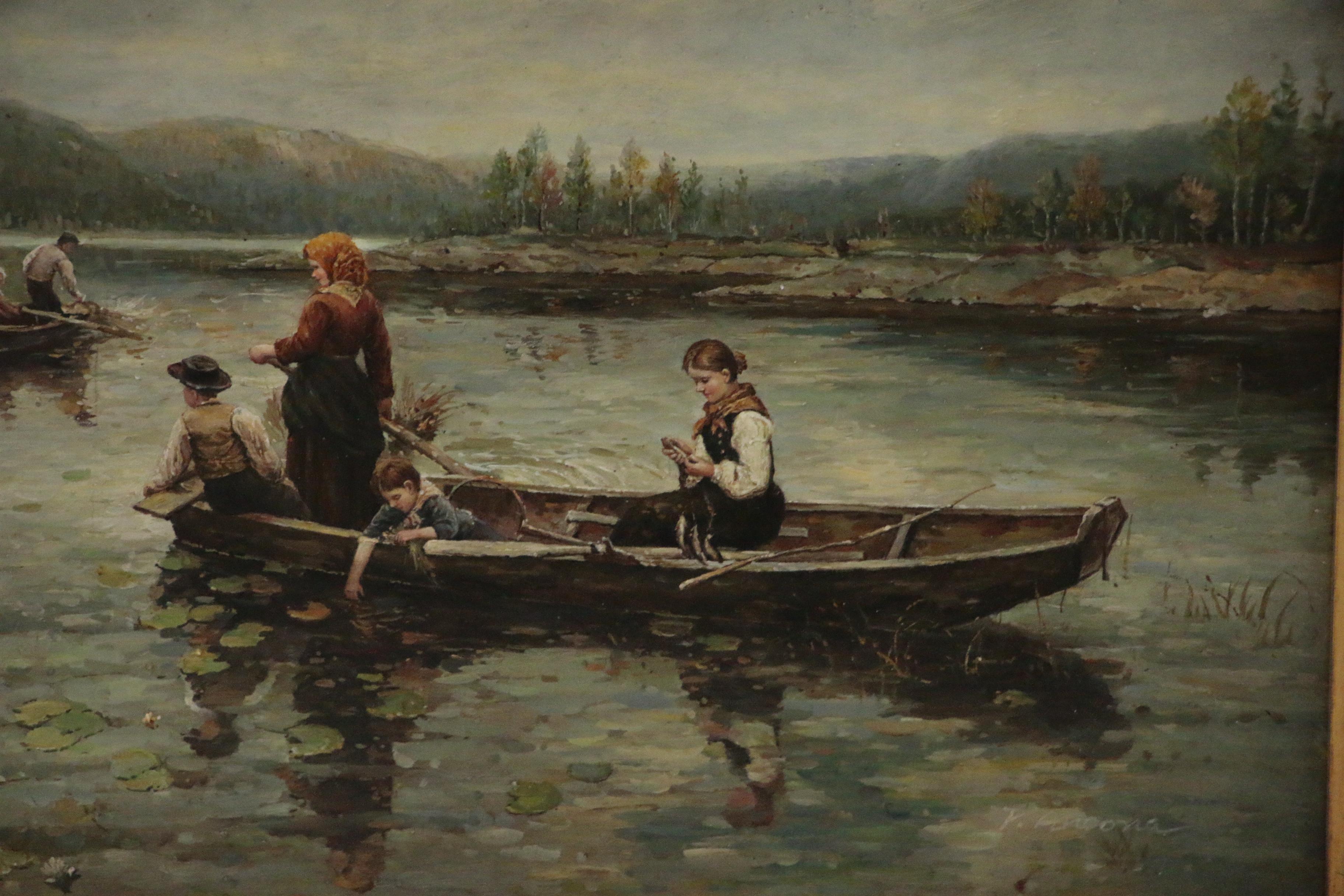 Continental School Style Oil Painting of Fishing Scene, Late 20th Century