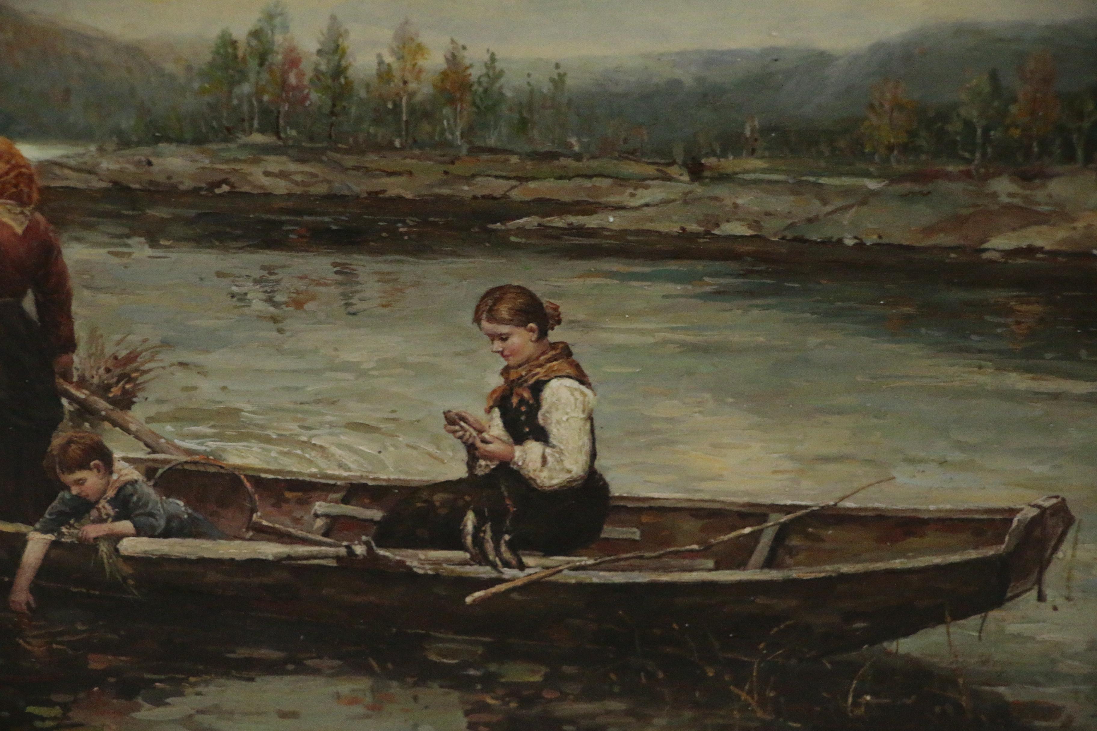 Continental School Style Oil Painting of Fishing Scene, Late 20th Century