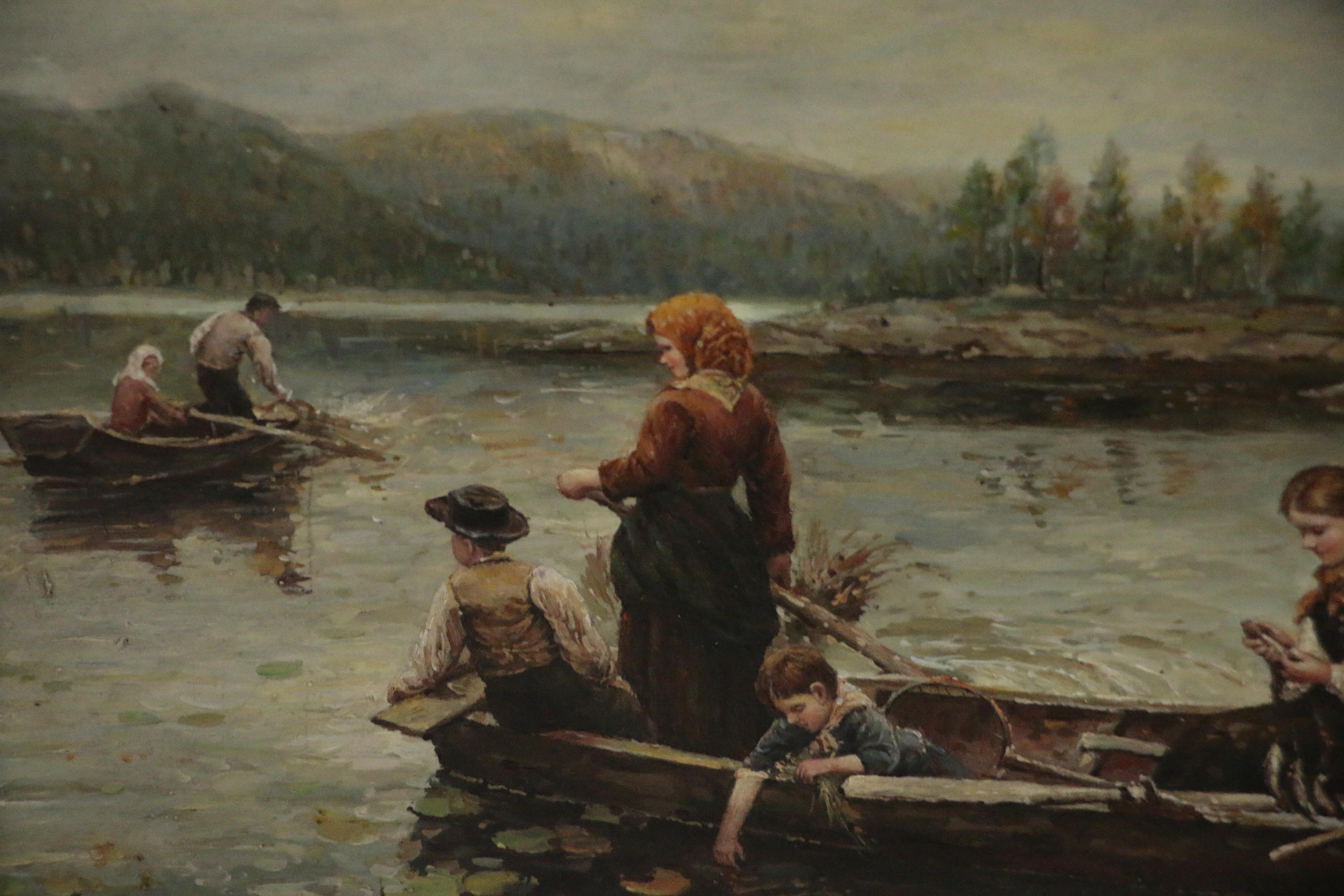 Continental School Style Oil Painting of Fishing Scene, Late 20th Century
