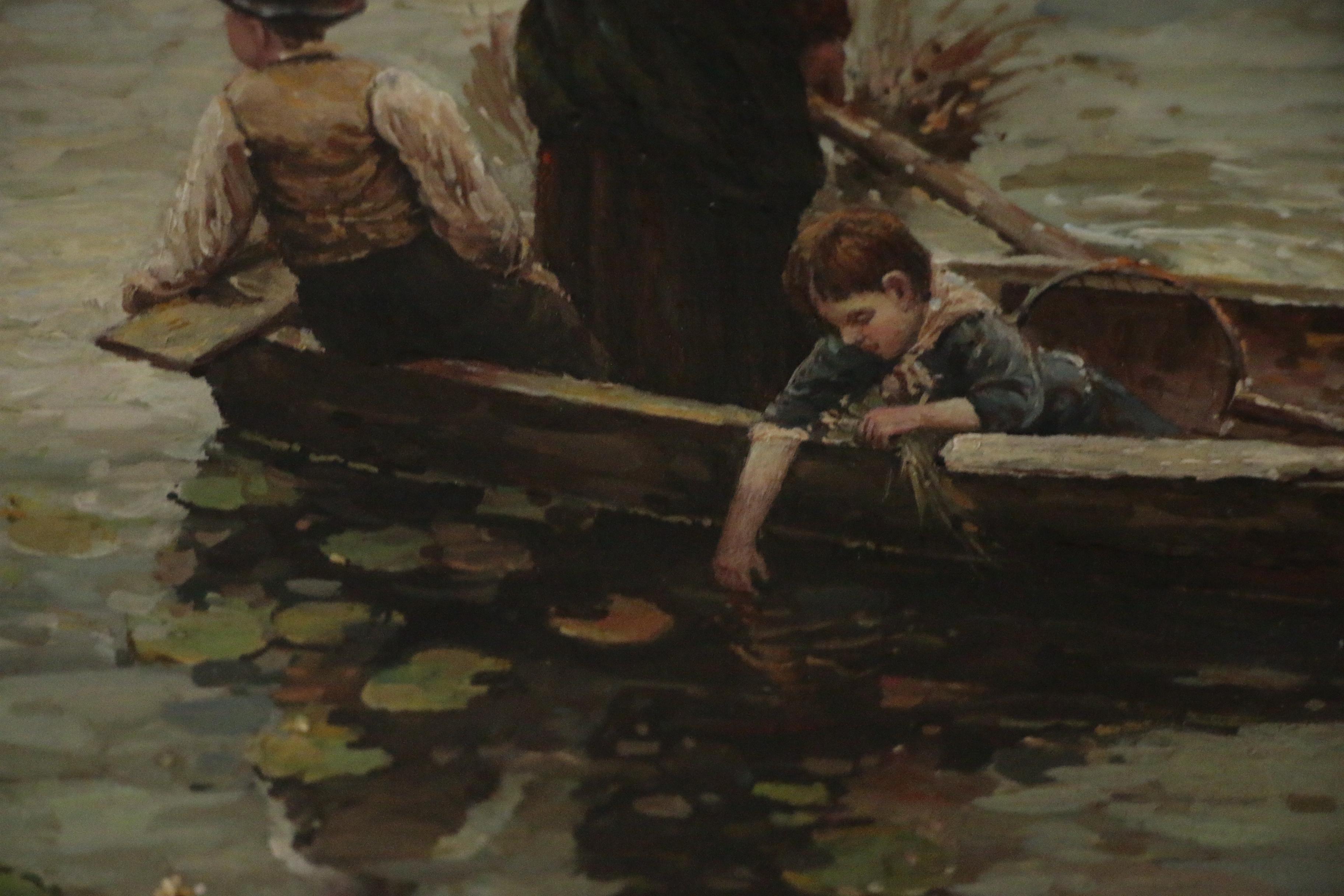 Continental School Style Oil Painting of Fishing Scene, Late 20th Century