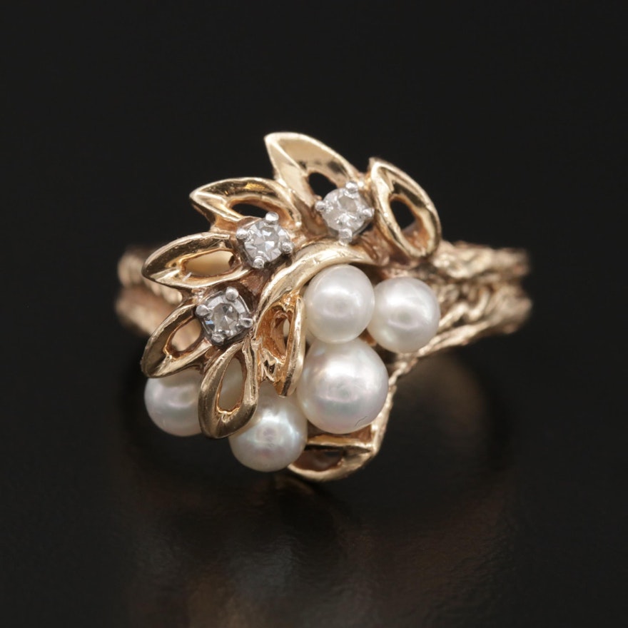 14K Rose Gold Cultured Pearl and Diamond Ring With Foliate Motif