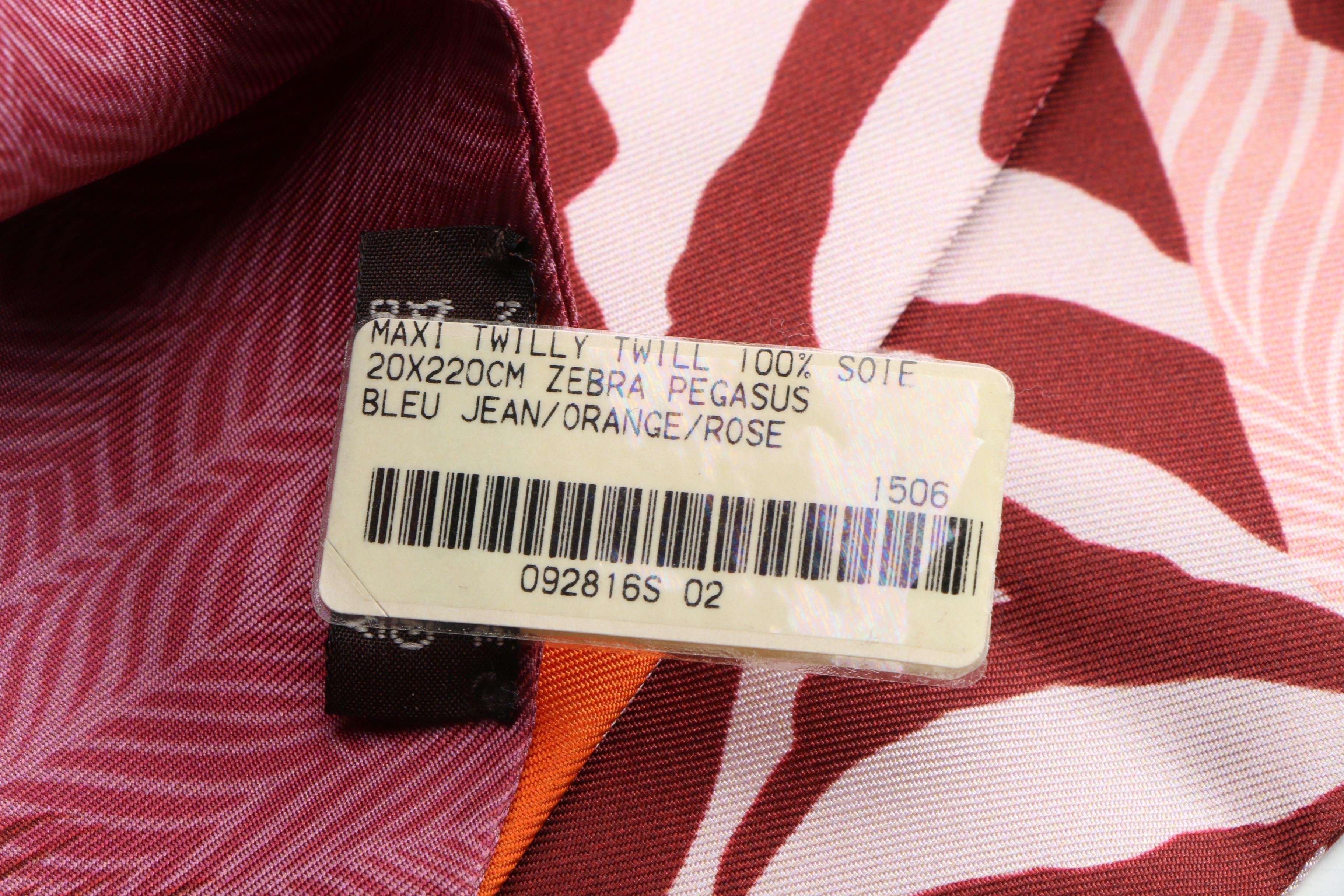 Hermès "Zebra Pegasus" Maxi Twilly Silk Scarf with Susan Lucci Signed Box