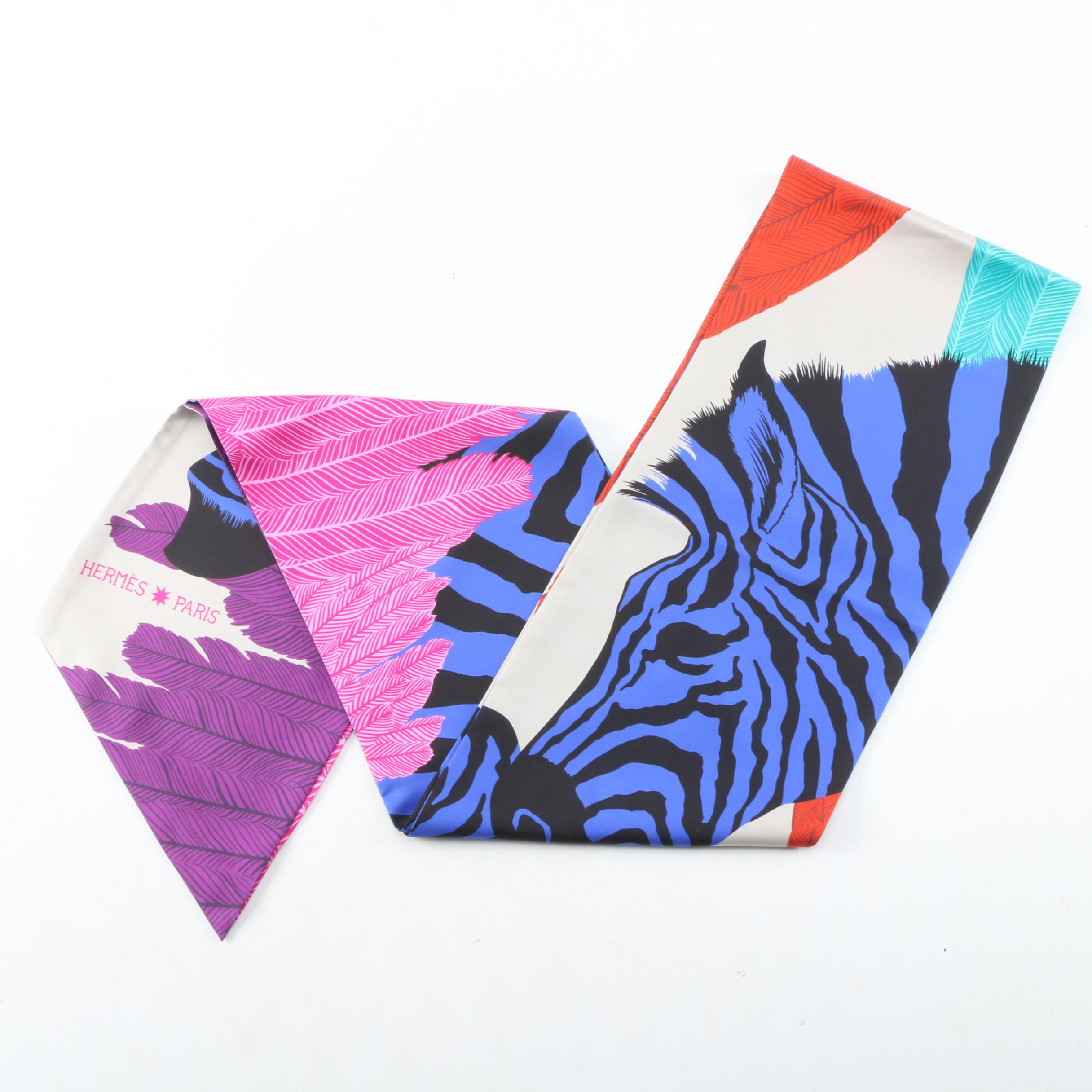 Hermès "Zebra Pegasus" Maxi Twilly Silk Scarf with Susan Lucci Signed Box