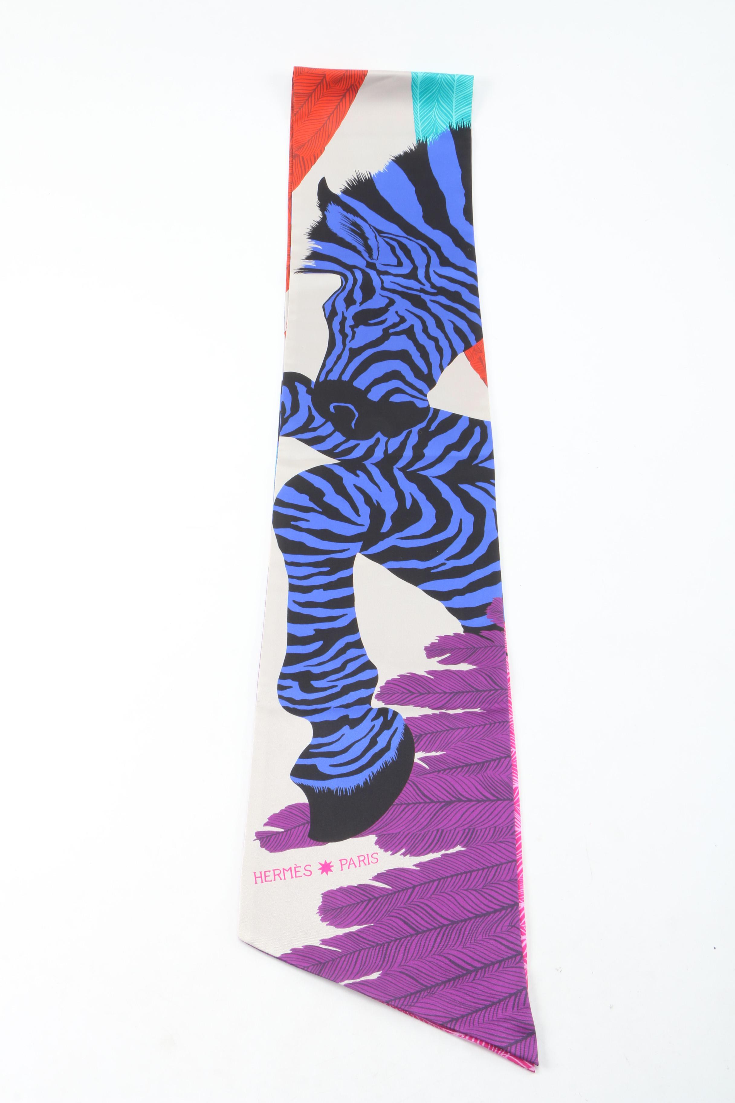 Hermès "Zebra Pegasus" Maxi Twilly Silk Scarf with Susan Lucci Signed Box