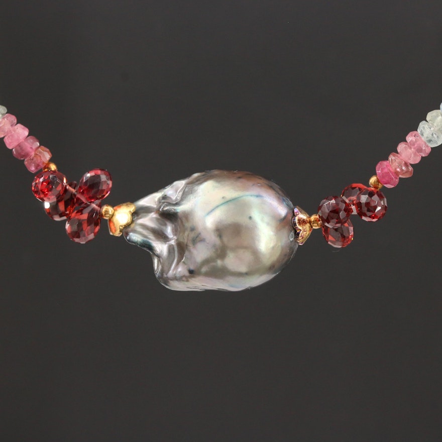 Sterling Silver Cultured Pearl, Garnet, and Peridot Necklace