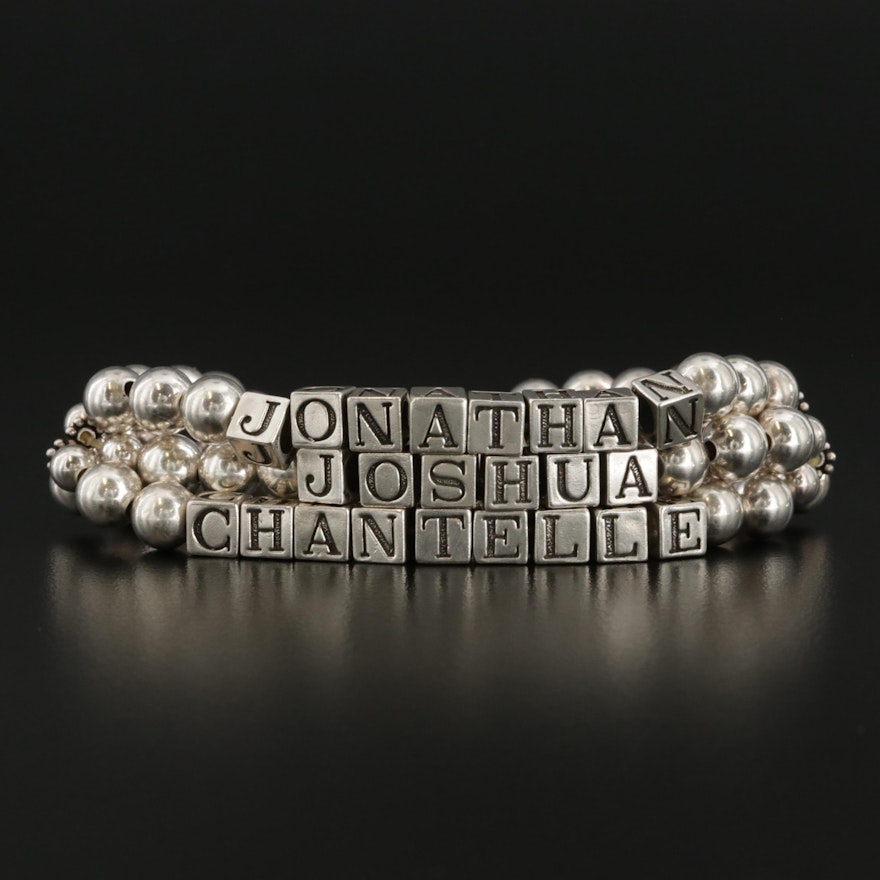 Sterling Silver Triple Row Expandable Bead Bracelet Featuring Letter Blocks