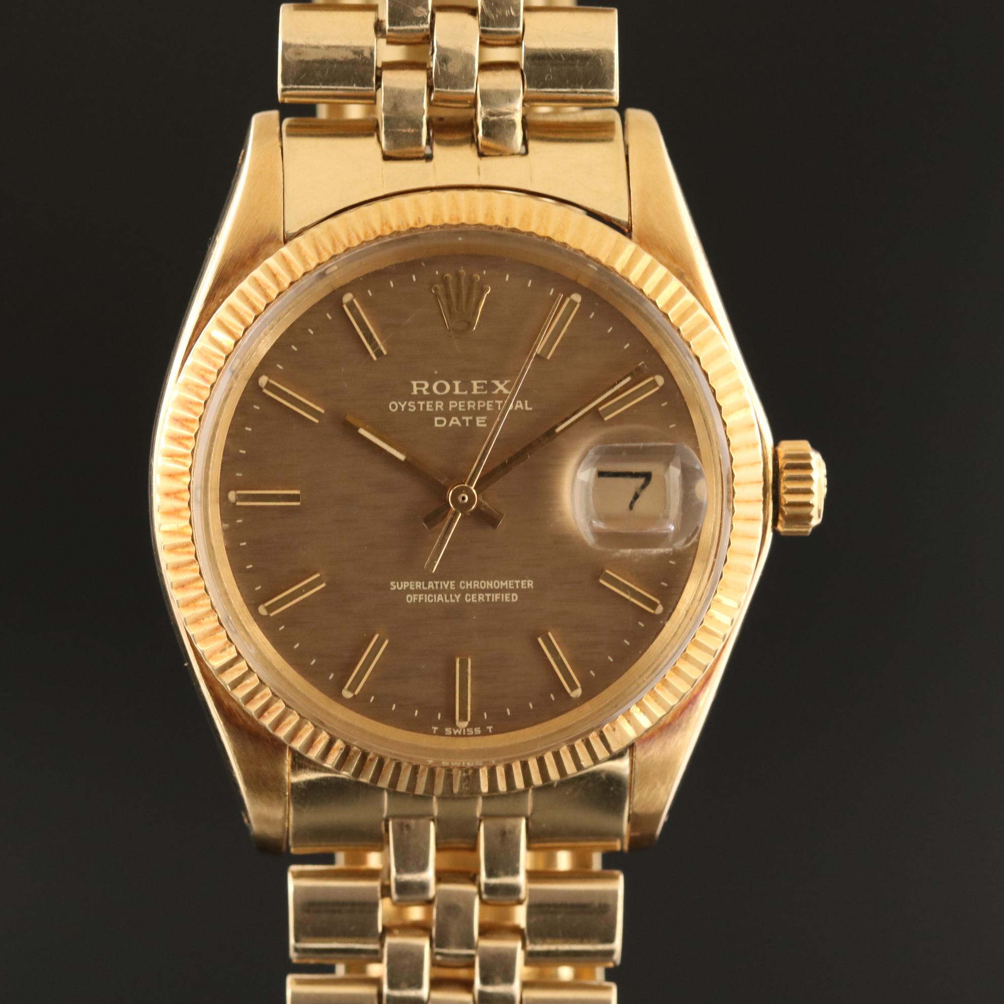Vintage Rolex Oyster Perpetual Date 14K Gold Watch with Florentine Dial