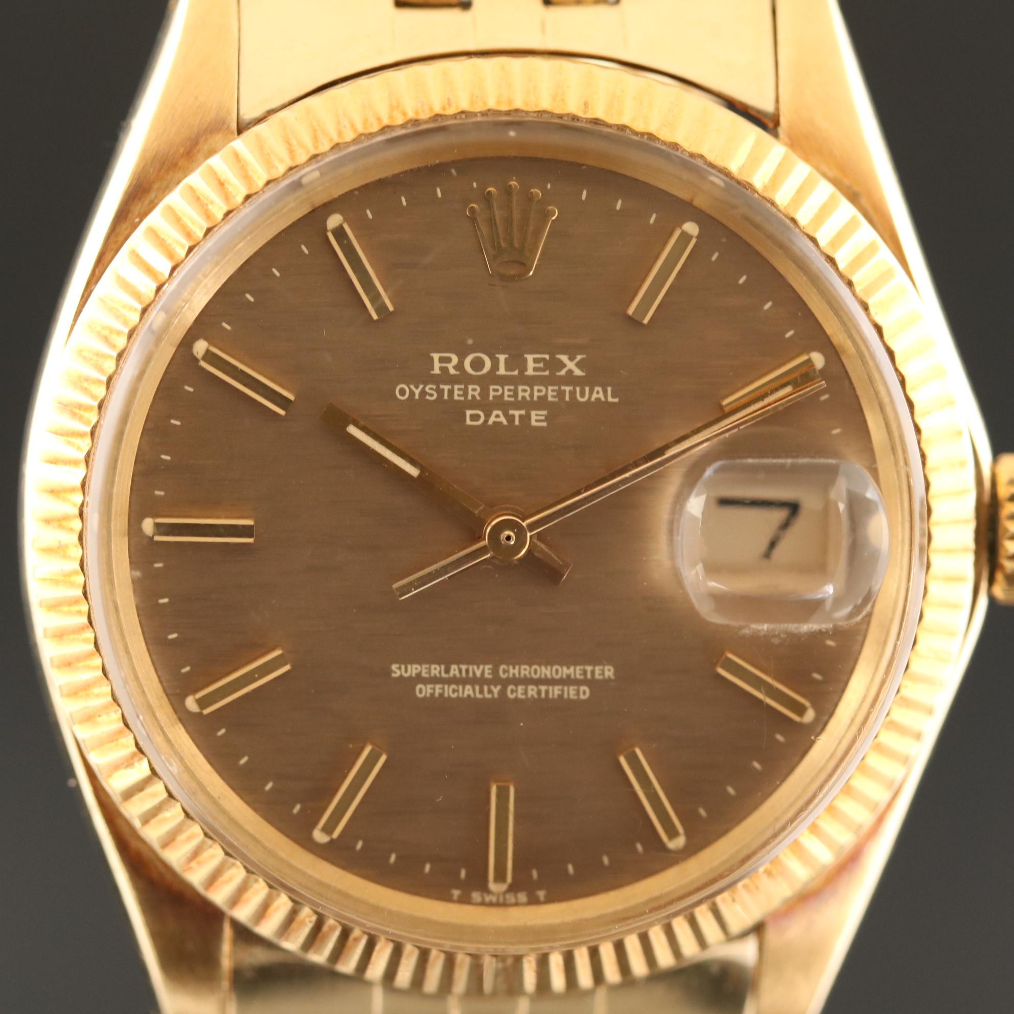 Vintage Rolex Oyster Perpetual Date 14K Gold Watch with Florentine Dial