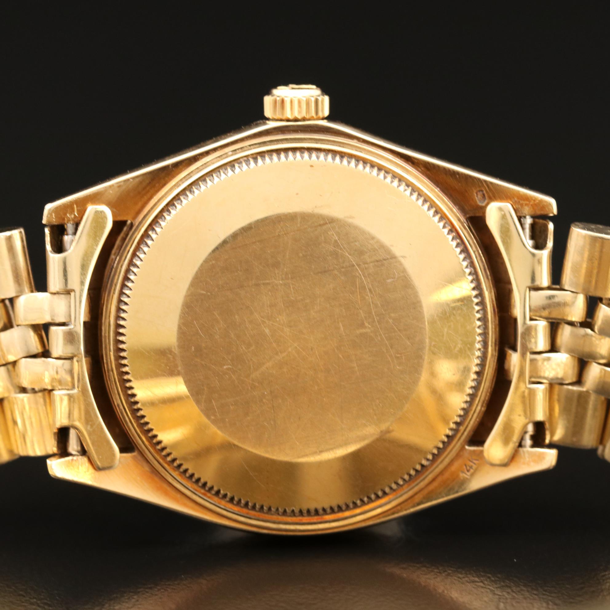 Vintage Rolex Oyster Perpetual Date 14K Gold Watch with Florentine Dial