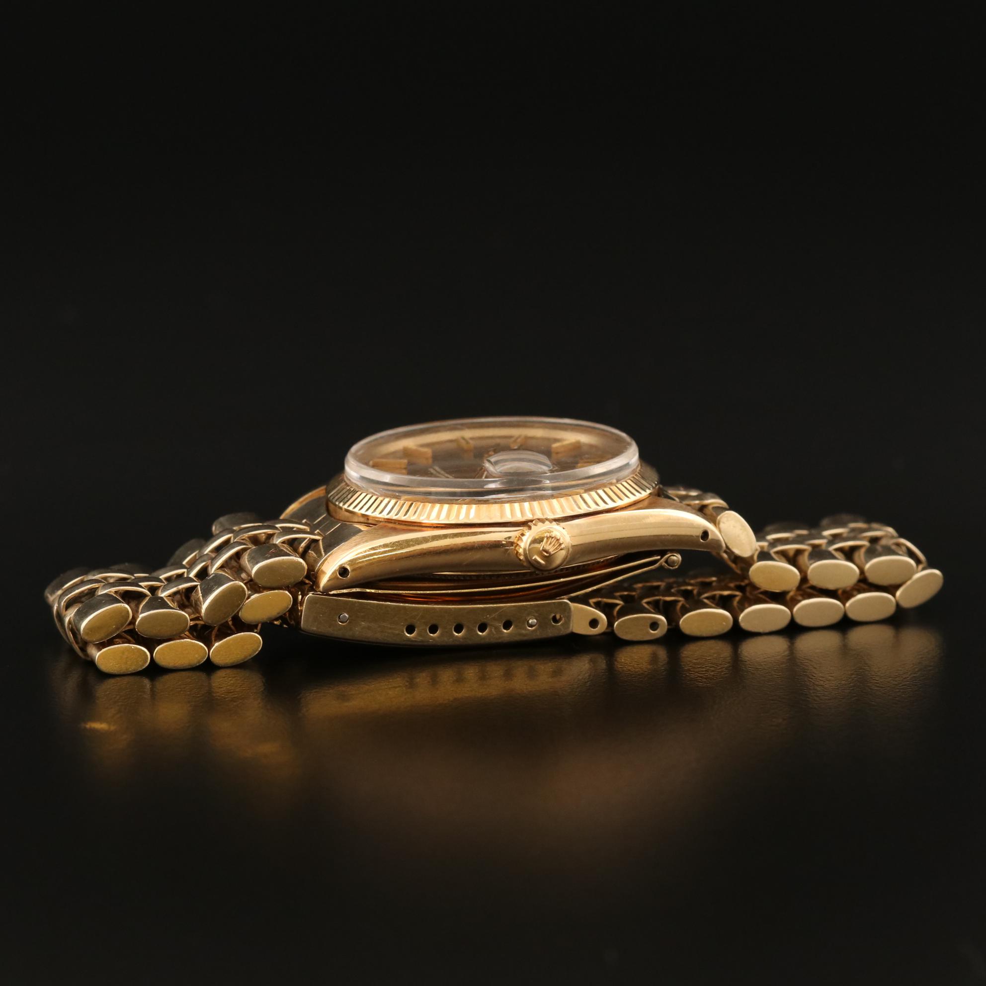 Vintage Rolex Oyster Perpetual Date 14K Gold Watch with Florentine Dial