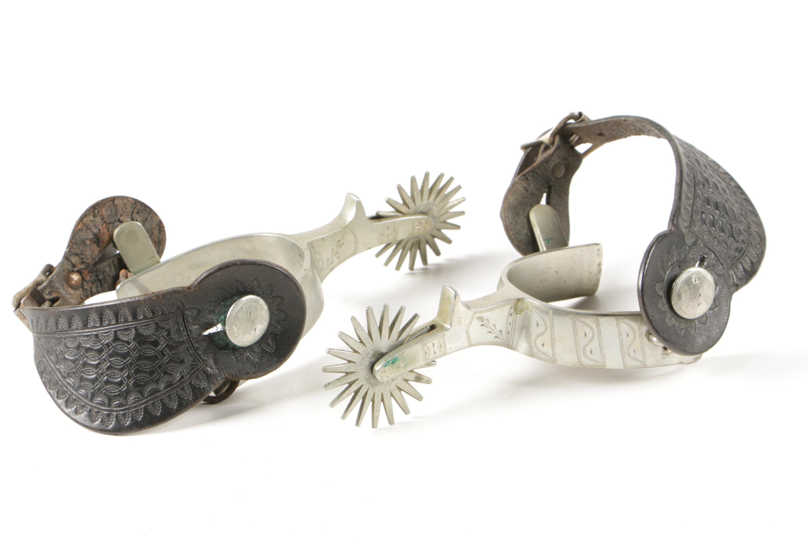 Western Engraved Steel Show Spurs with Tooled Leather Straps and More
