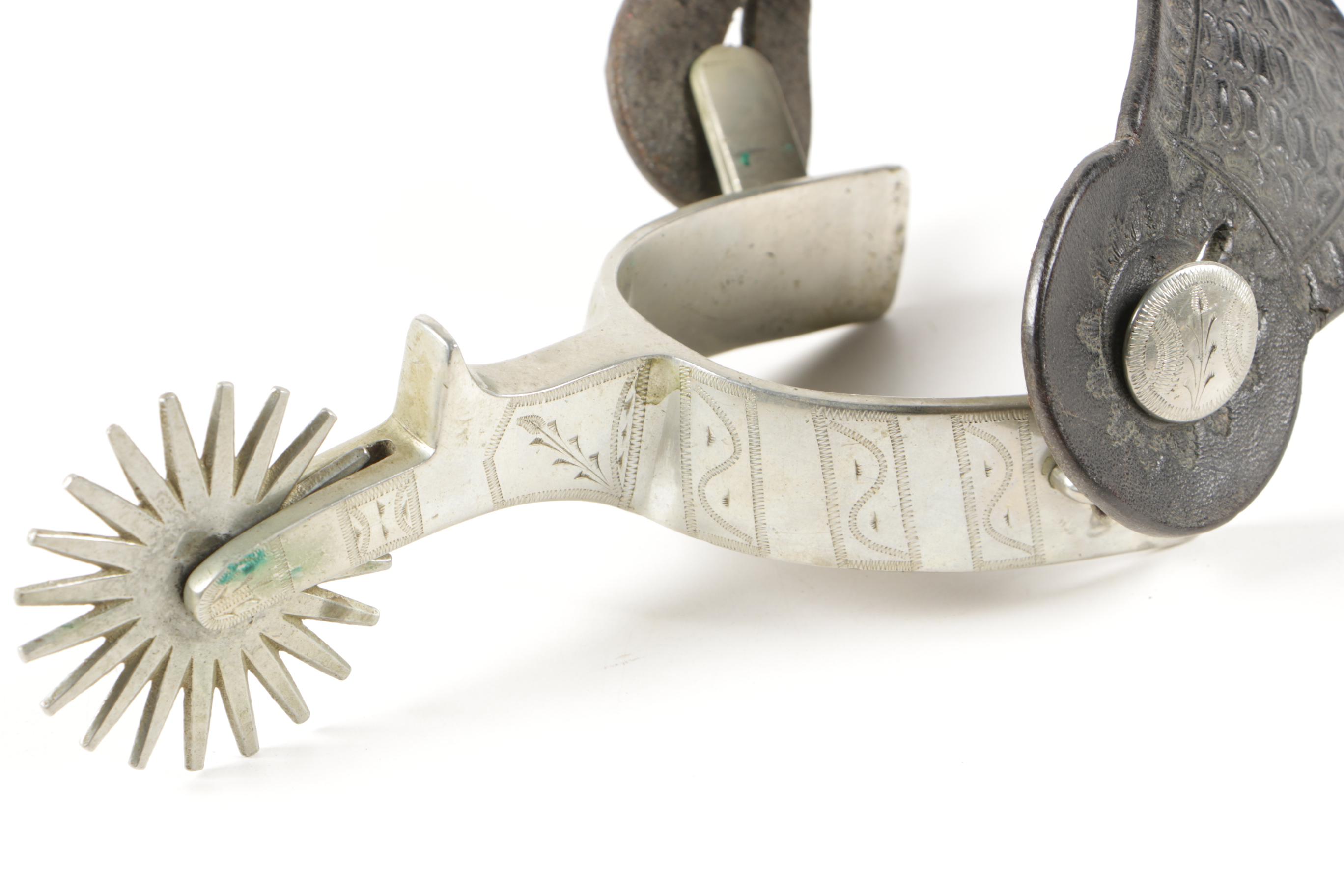 Western Engraved Steel Show Spurs with Tooled Leather Straps and More