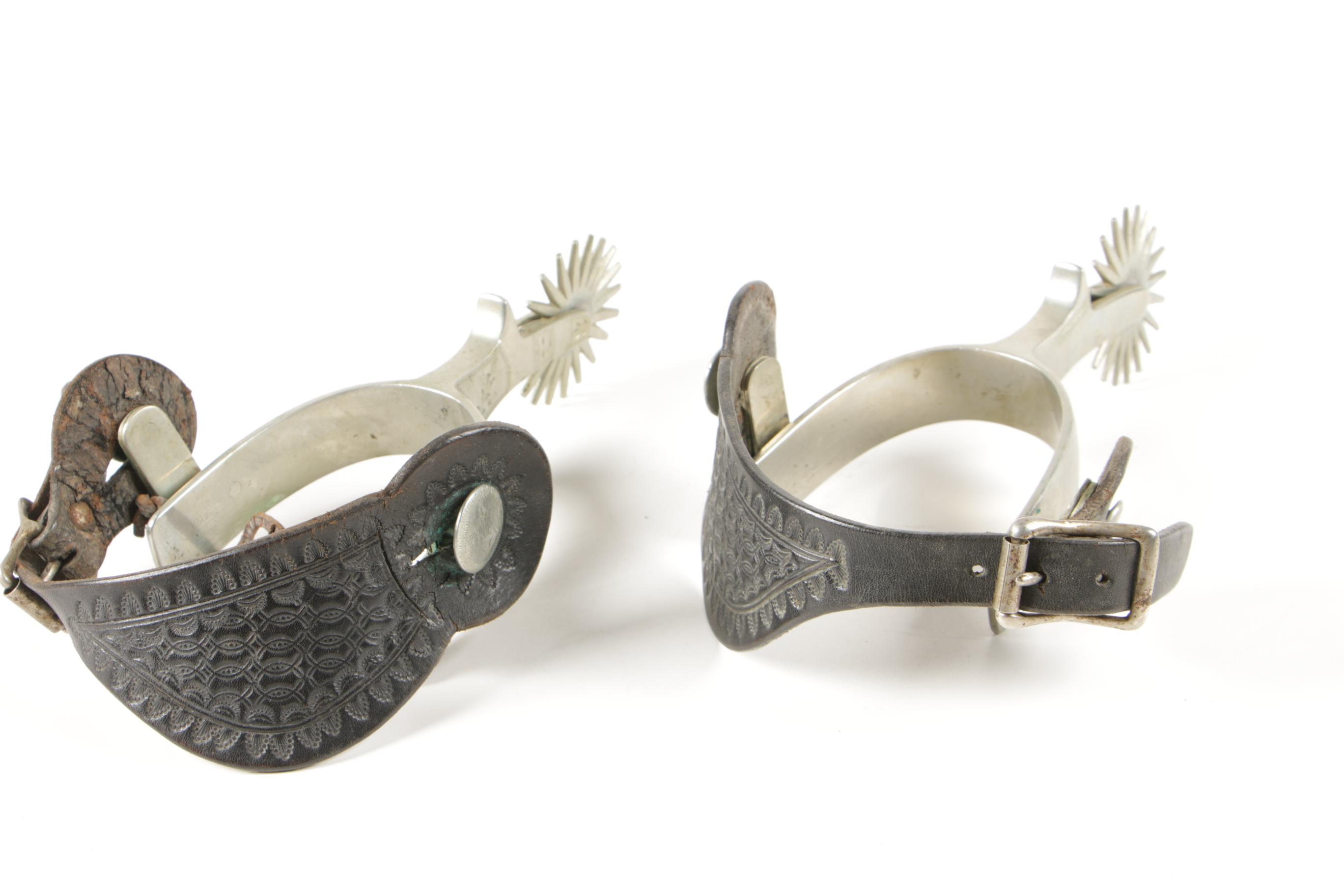 Western Engraved Steel Show Spurs with Tooled Leather Straps and More