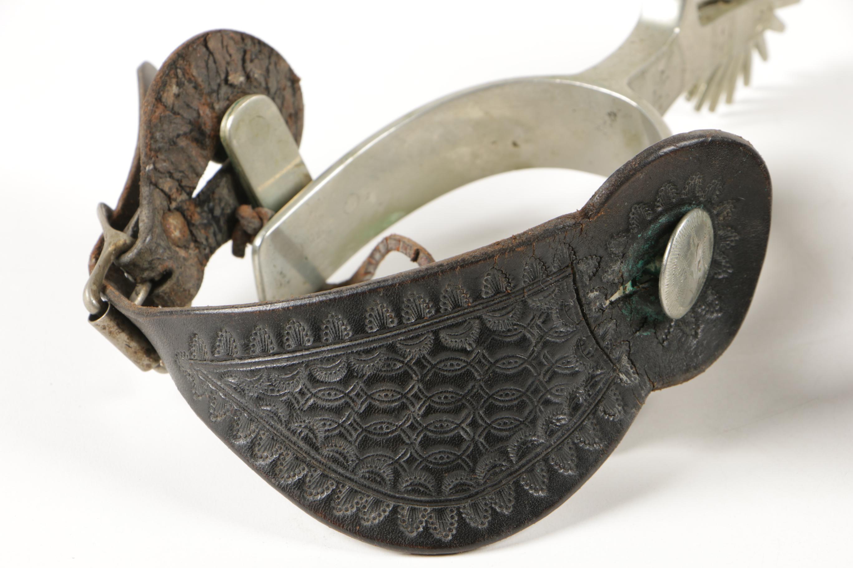 Western Engraved Steel Show Spurs with Tooled Leather Straps and More