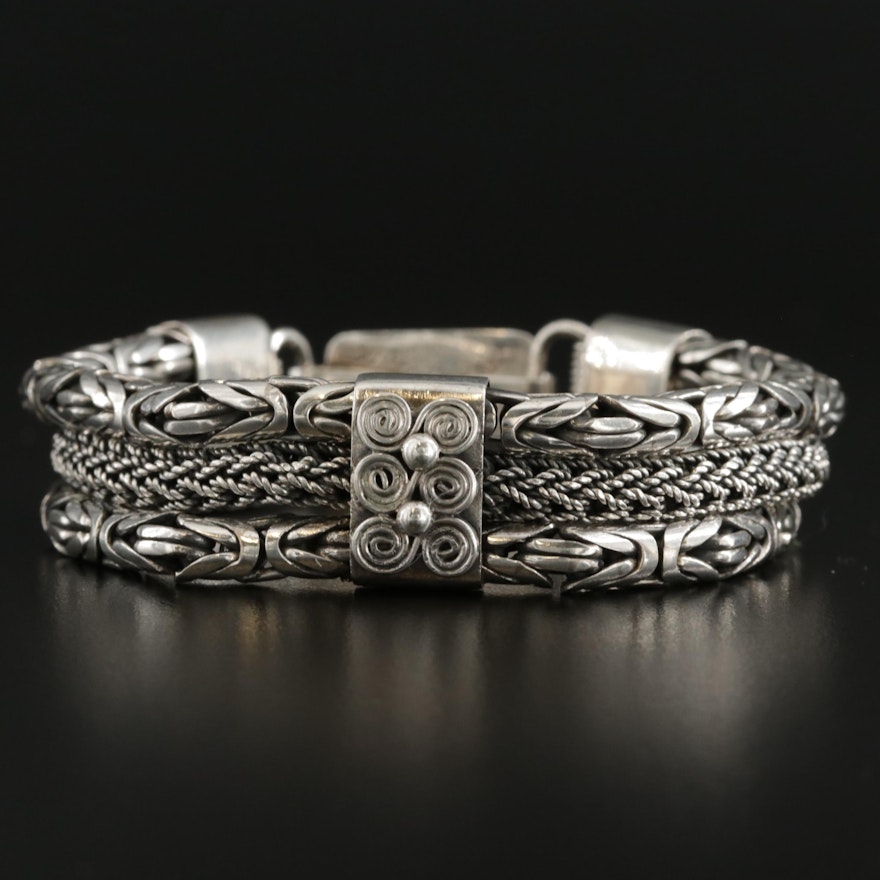 Bali Style Sterling Silver Triple Row Chain Bracelet