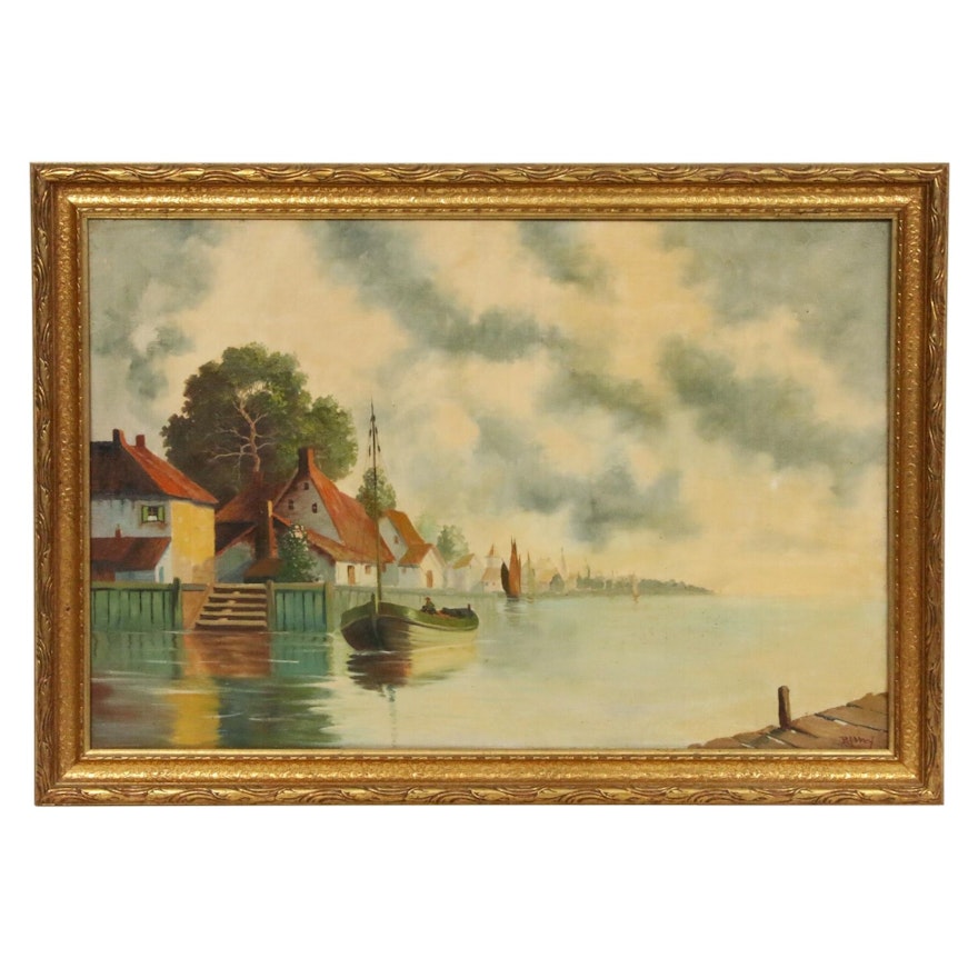 Harbor Scene Oil Painting, Mid-20th Century