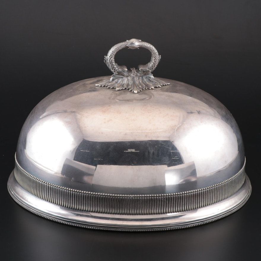 English Silver Plate Food Cloche with a Baroque Dolphin Handle
