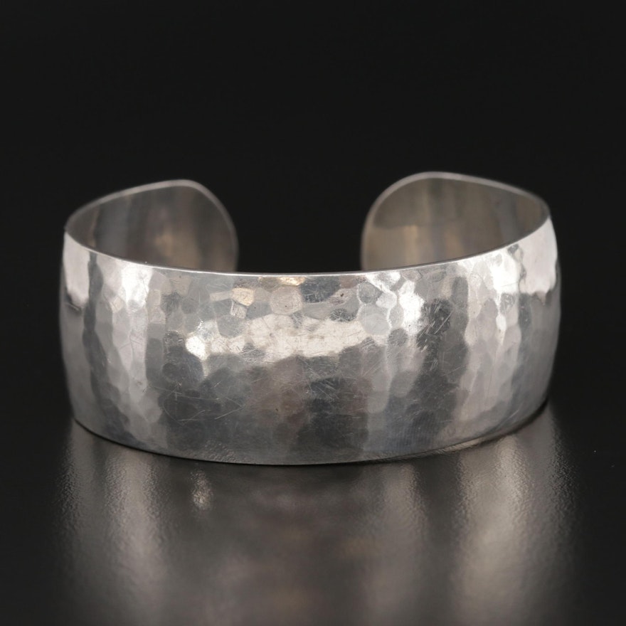 Modernist Style Harry Osaki Sterling Silver Hammered Cuff Bracelet