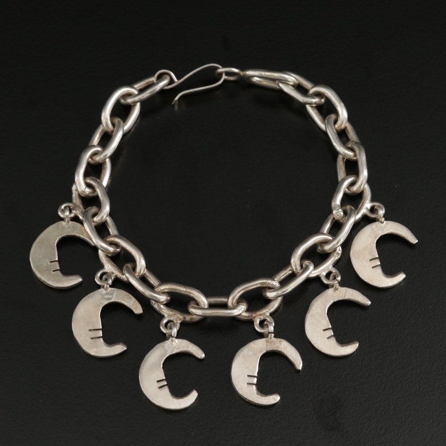 Mexican Sterling Silver Crescent Moon Charm Bracelet