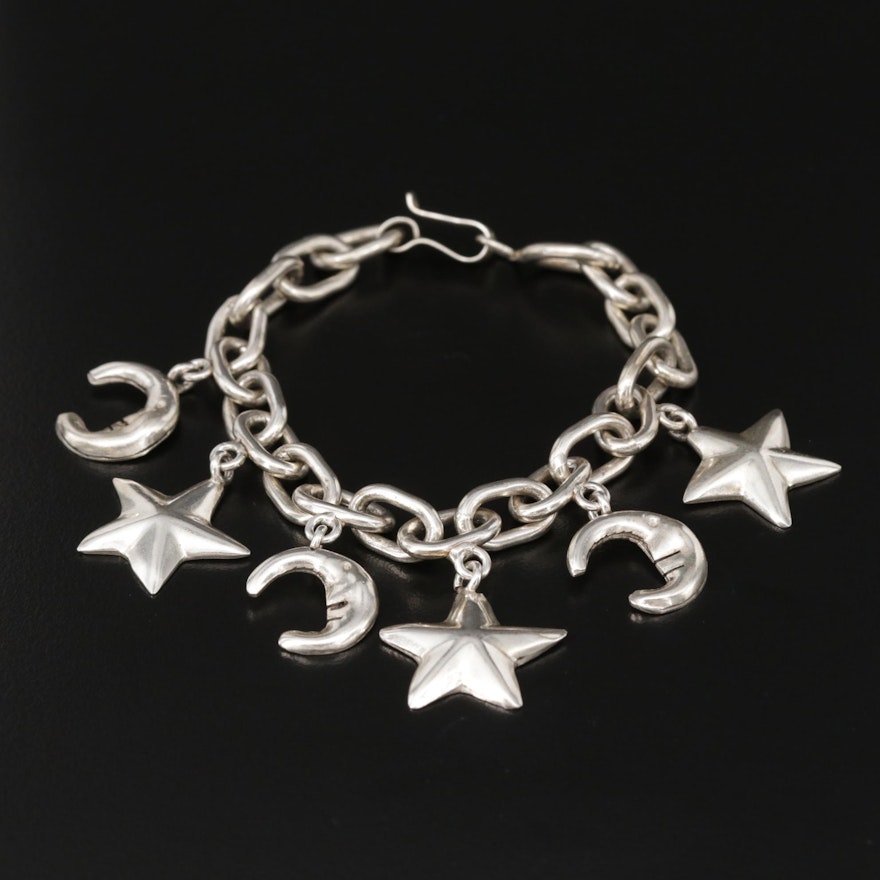 Taxco Sterling Silver Crescent Moon and Star Charm Bracelet