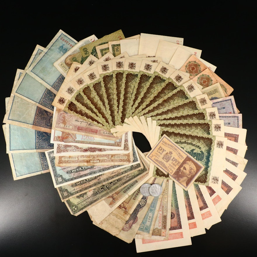 Fifty Pieces of Various Foreign Currency Notes Featuring Belgium and Albania