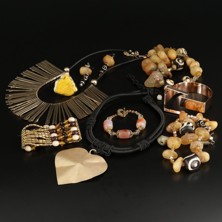 Costume Jewelry Selection Featuring Agate, Amber, and Tree Nut Accents