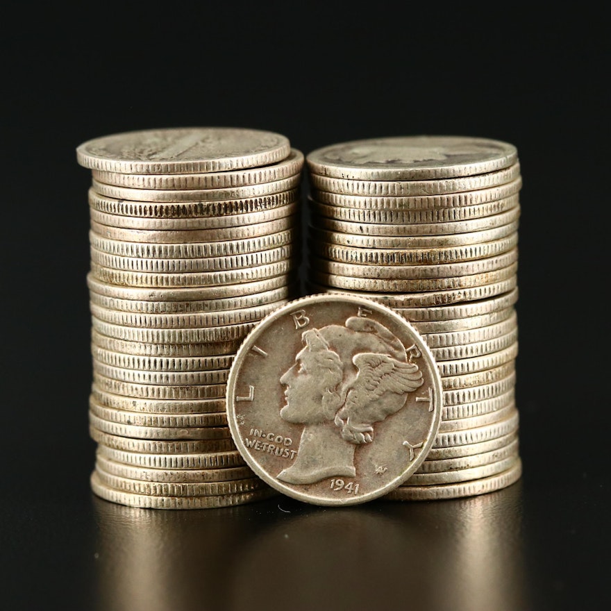 Fifty Various Silver Mercury Dimes