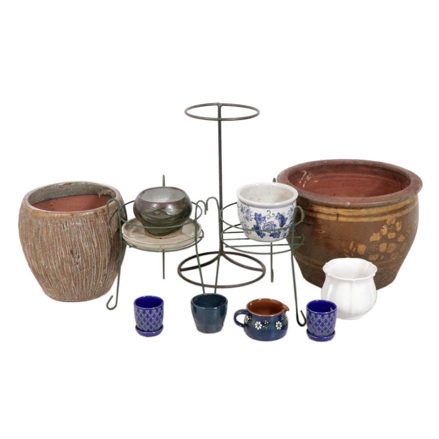 Eathenware Planters with Metal Stands Including Rothenberger
