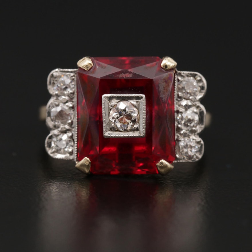 Vintage 10K Yellow Gold Ruby and Diamond Ring with Palladium Accents
