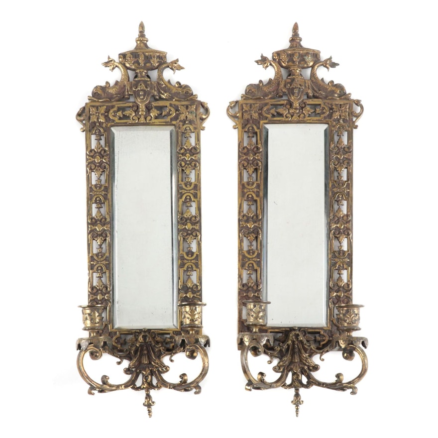 Pair of Neoclassical Style Brass Mirrored Candle Sconces