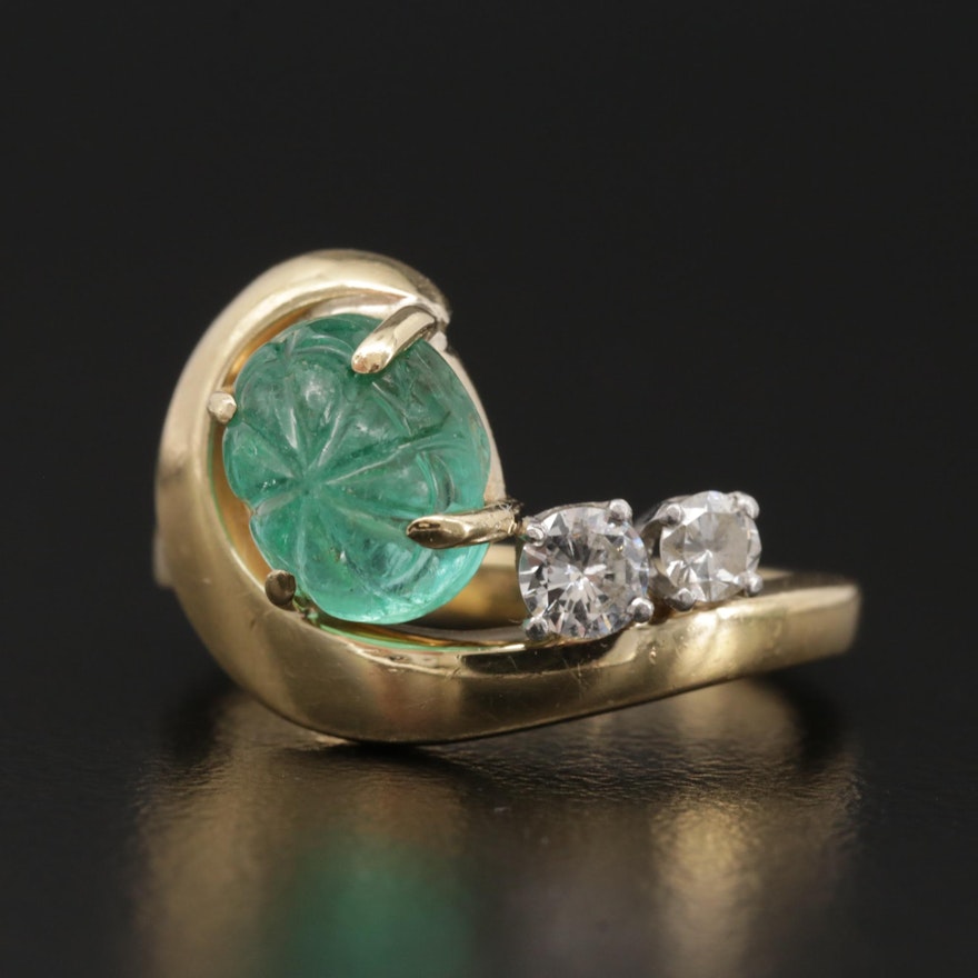 18K Yellow Gold Emerald and Diamond Ring with Platinum Accents