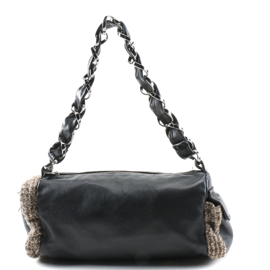 Chanel Shoulder Bag in Black Lambskin Leather with Tweed Bouclé Trim