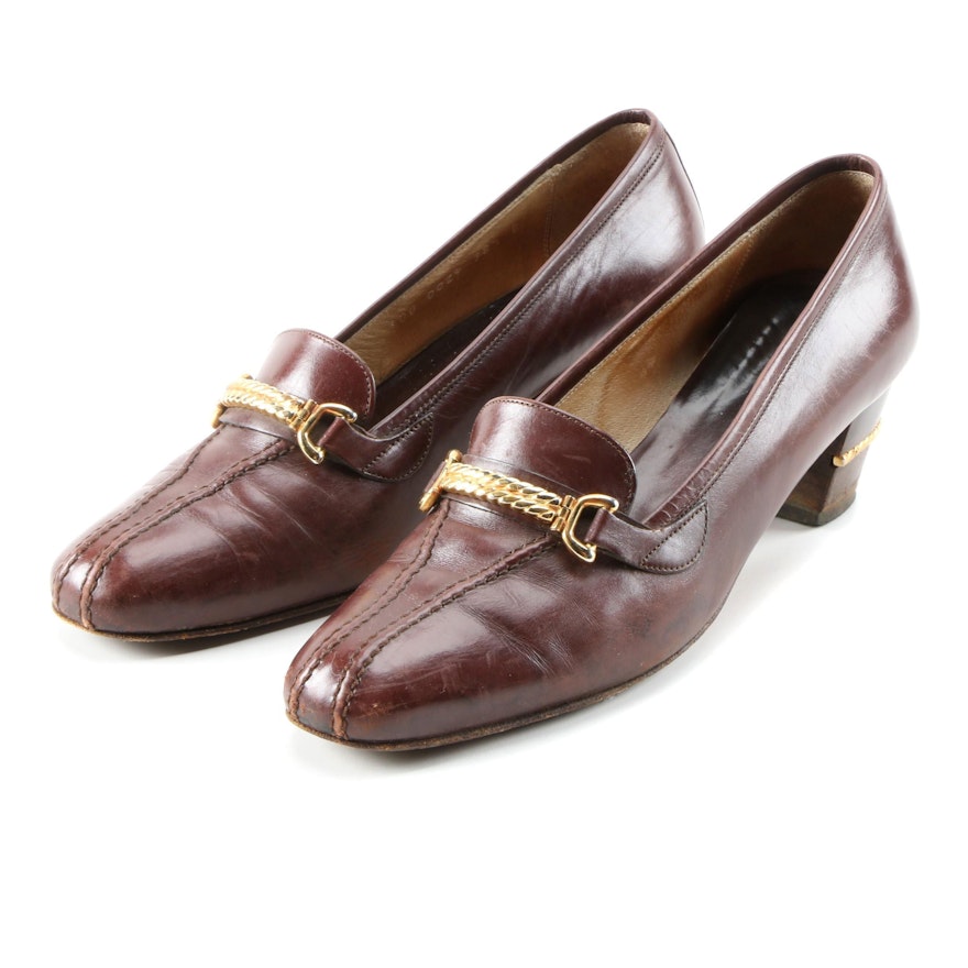 Gucci Stitched Vamp Heeled Loafers in Brown Leather with Gold Tone Hardware