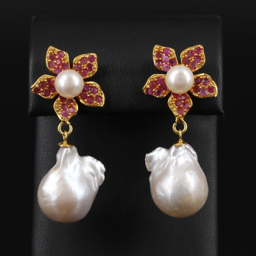 Sterling Silver Ruby and Cultured Pearl Floral Earrings