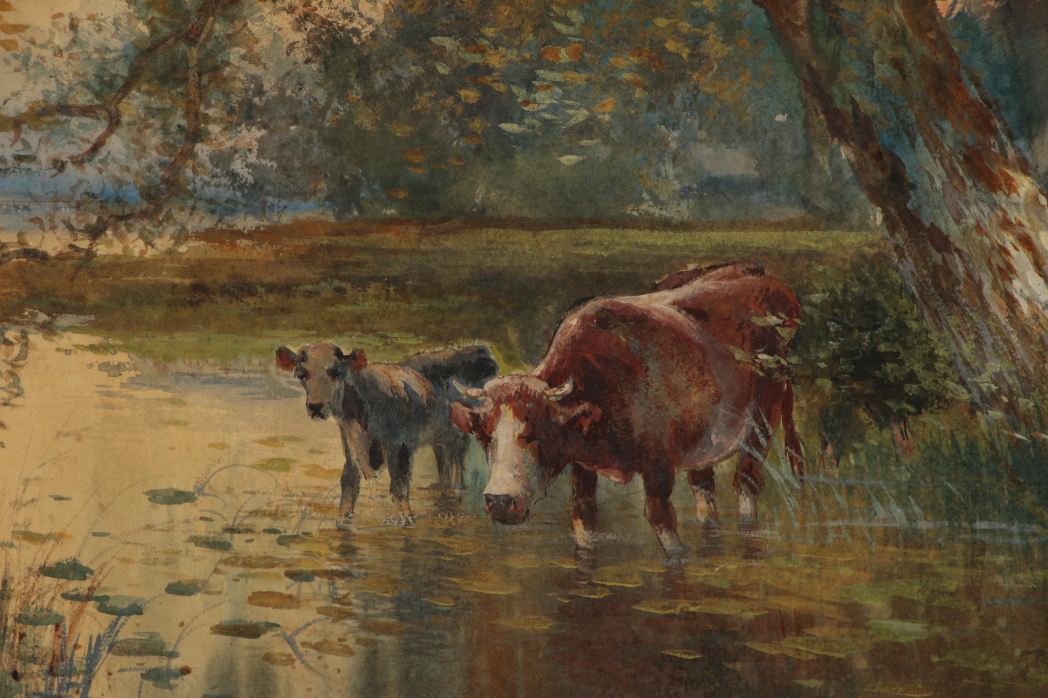 Hugo Anton Fisher Watercolor Painting of Pastoral Landscape with Cattle