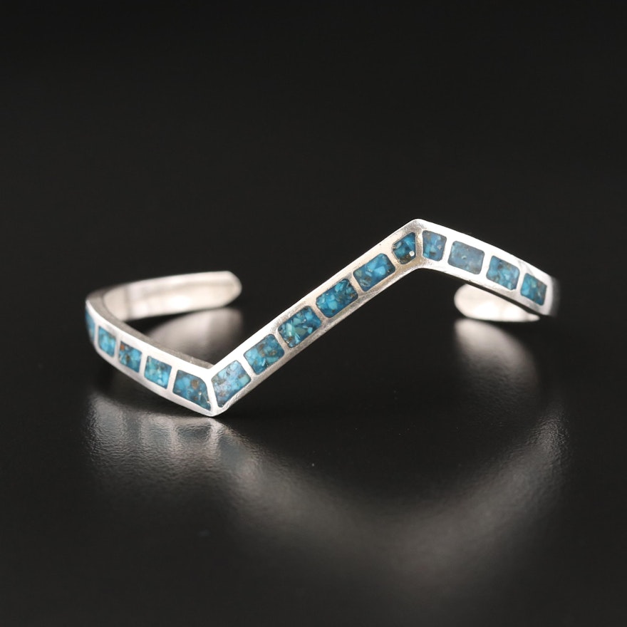 Southwestern Style Sterling Silver Turquoise Inlay Cuff