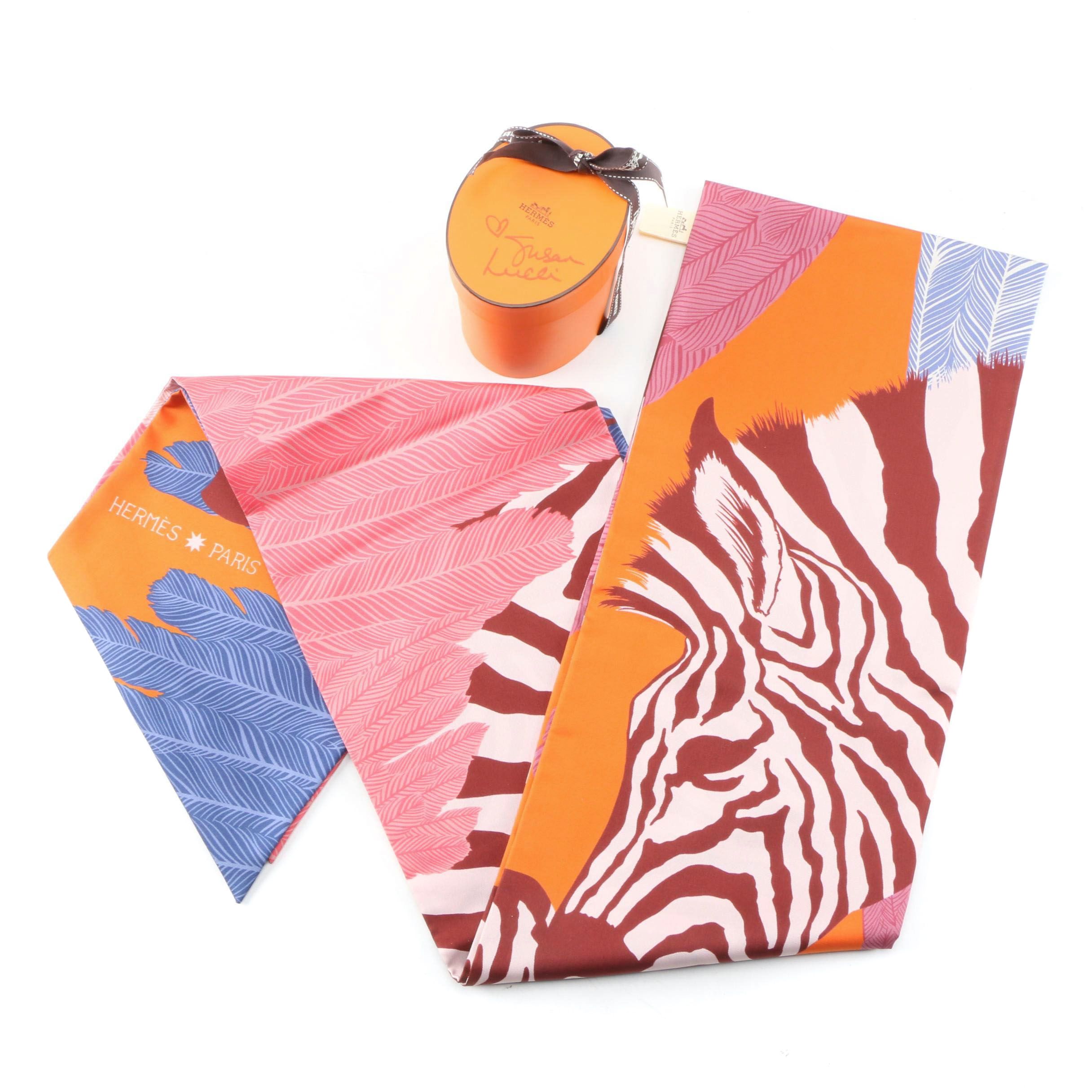 Hermès "Zebra Pegasus" Maxi Twilly Silk Scarf with Susan Lucci Signed Box