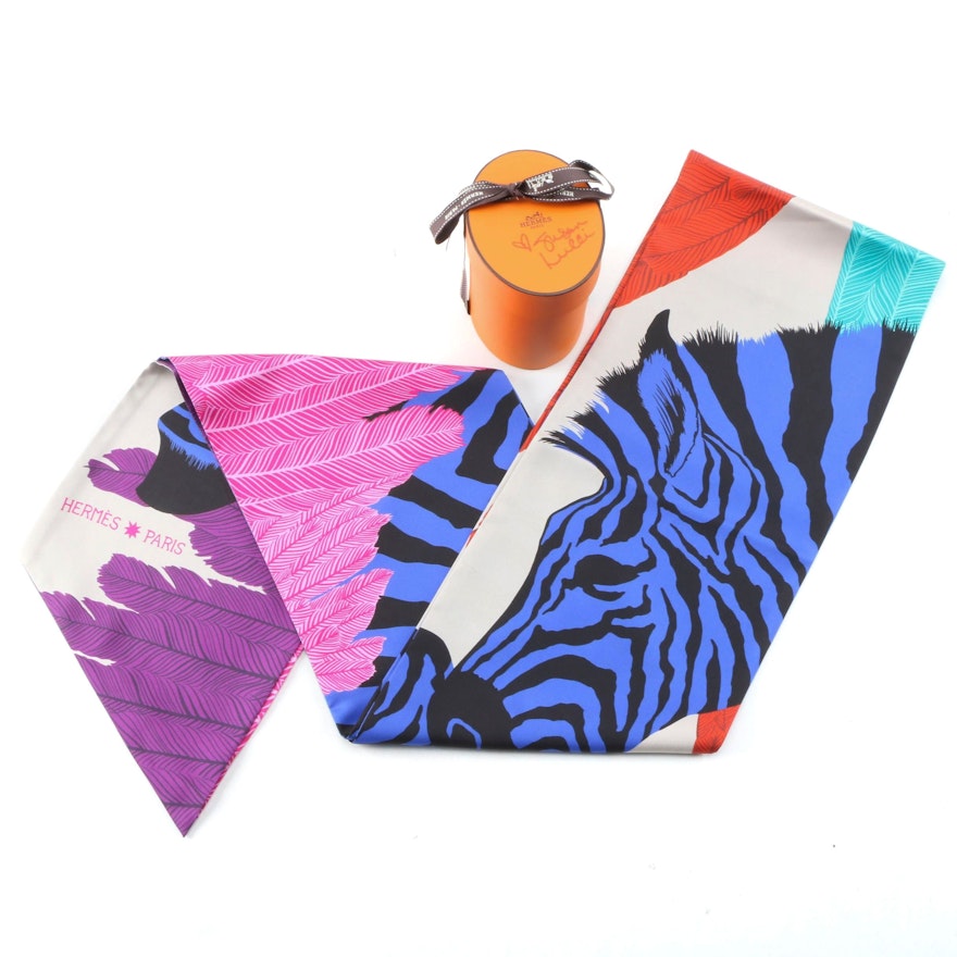 Hermès "Zebra Pegasus" Maxi Twilly Silk Scarf with Susan Lucci Signed Box