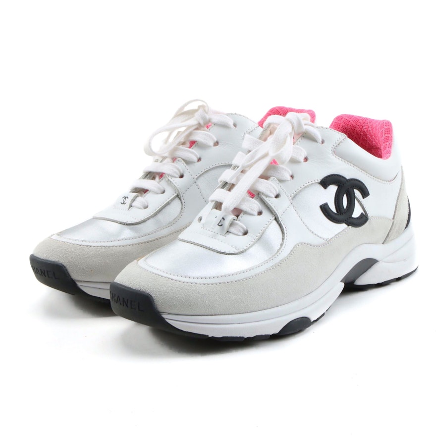 Chanel CC Logo Calfskin Leather and Suede Sneakers