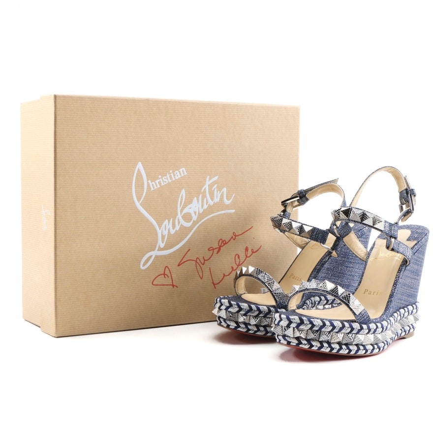 Christian Louboutin Pyraclou Lame Lux Denim Espadrille Sandals with Signed Box