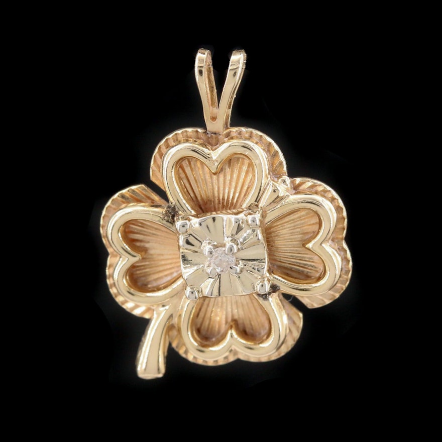 14K Yellow Gold Diamond Four Leaf Clover Pendant