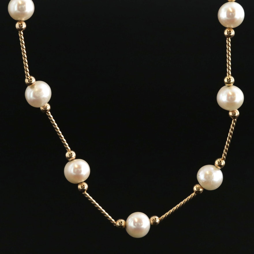 14K Yellow Gold Pearl Station Necklace