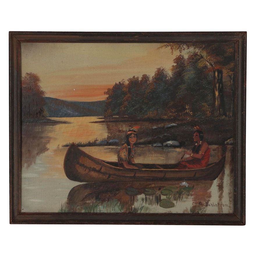 A. Dahlstrom River Scene Oil Painting of Native Americans in Canoe